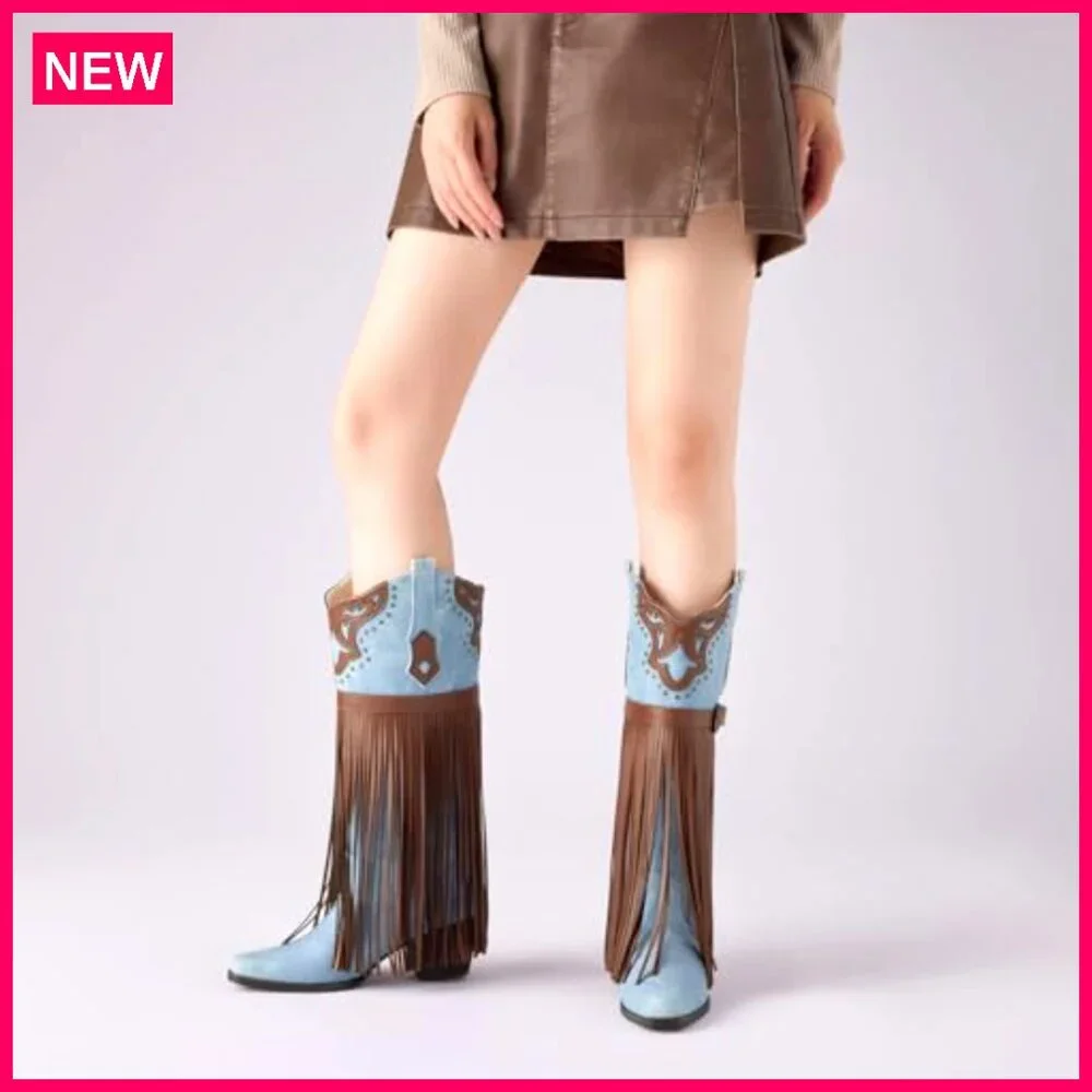 Women's Knee High Cowboy Boots Fringe Embroidered Chunky Heel Pointed Toe - Picture 5 of 6
